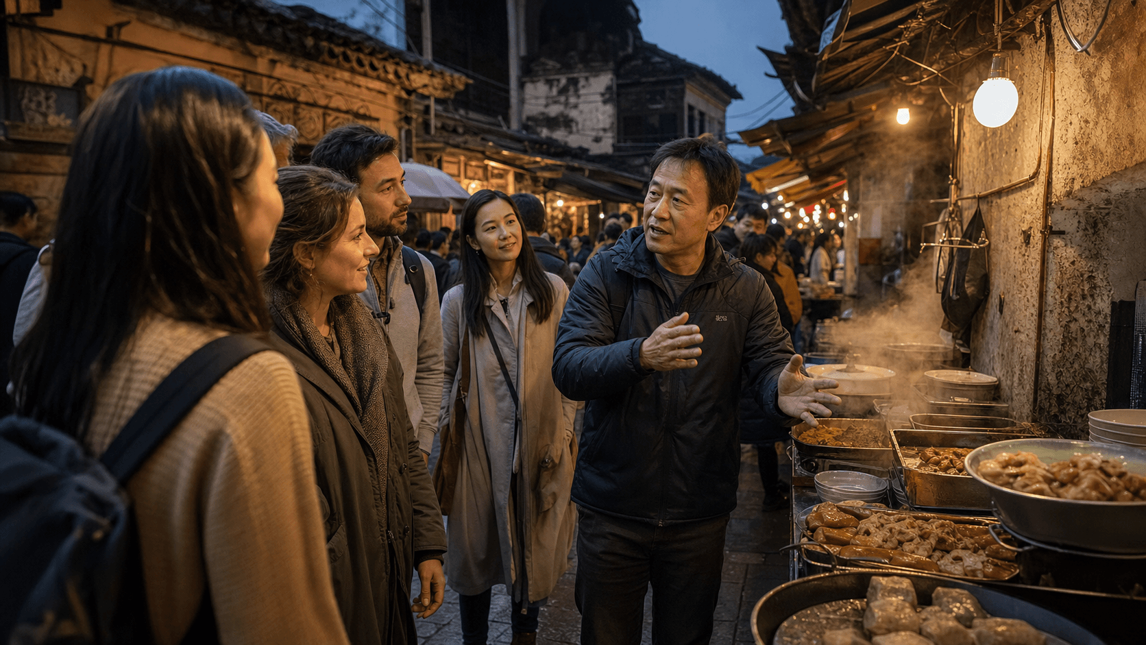 Travelers listening to a local guide in a lantern-lit Japanese market