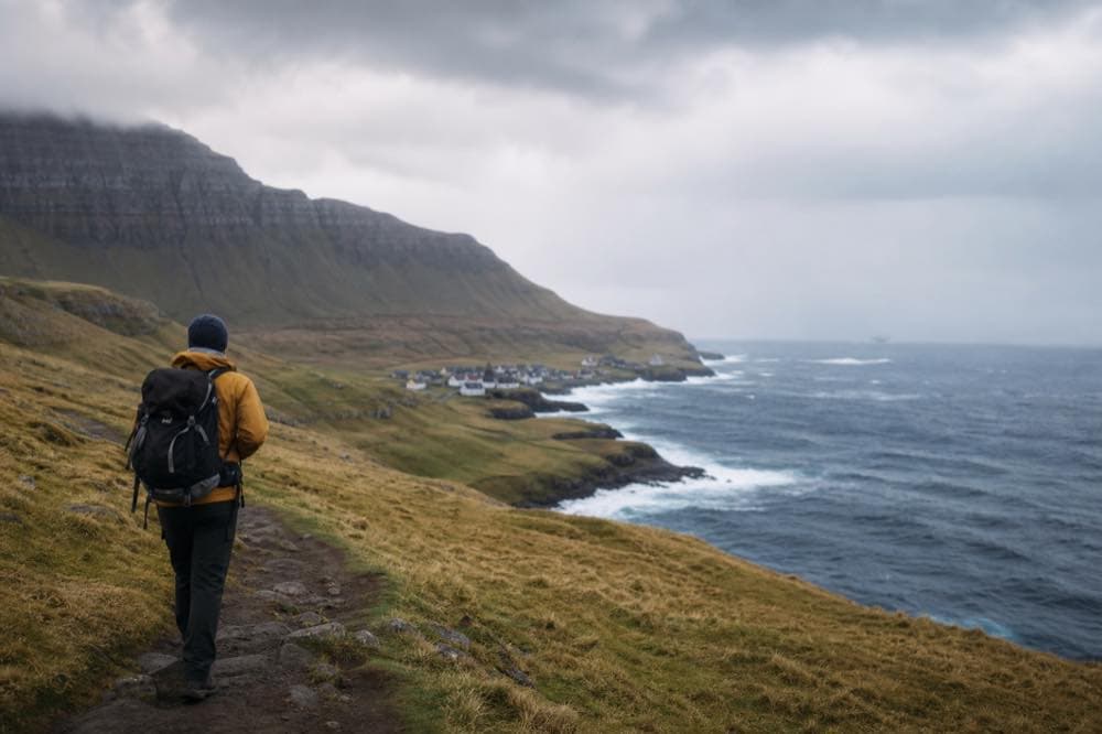 A lone traveler on a heather cliff looking along a winding coastal road toward a stormy sea