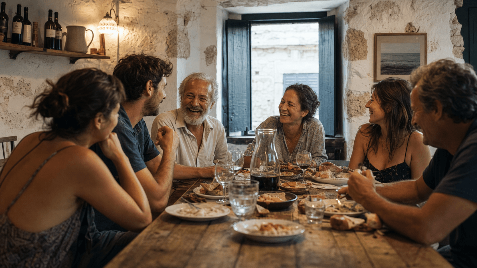 Friends sharing a meal around a table in Naxos