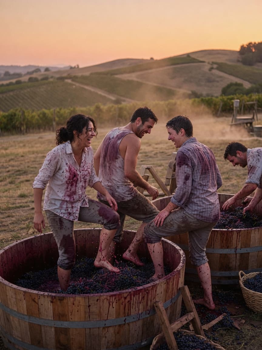 Travelers joining a grape harvest in rolling wine country